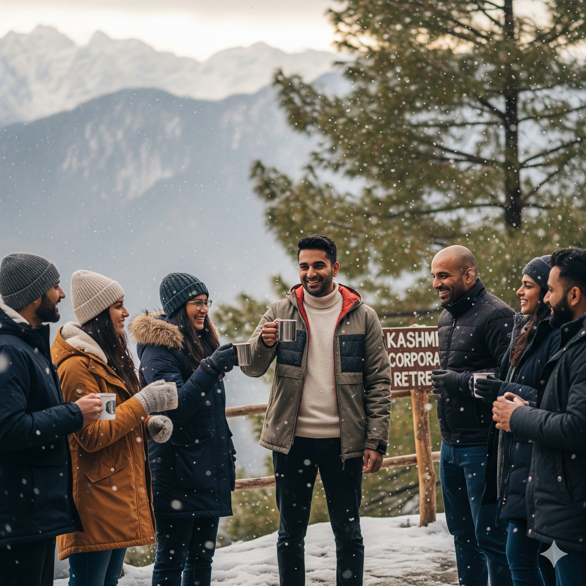 Vikram Singh and his team on a corporate offsite in Kashmir, toasting with mugs in the falling snow.